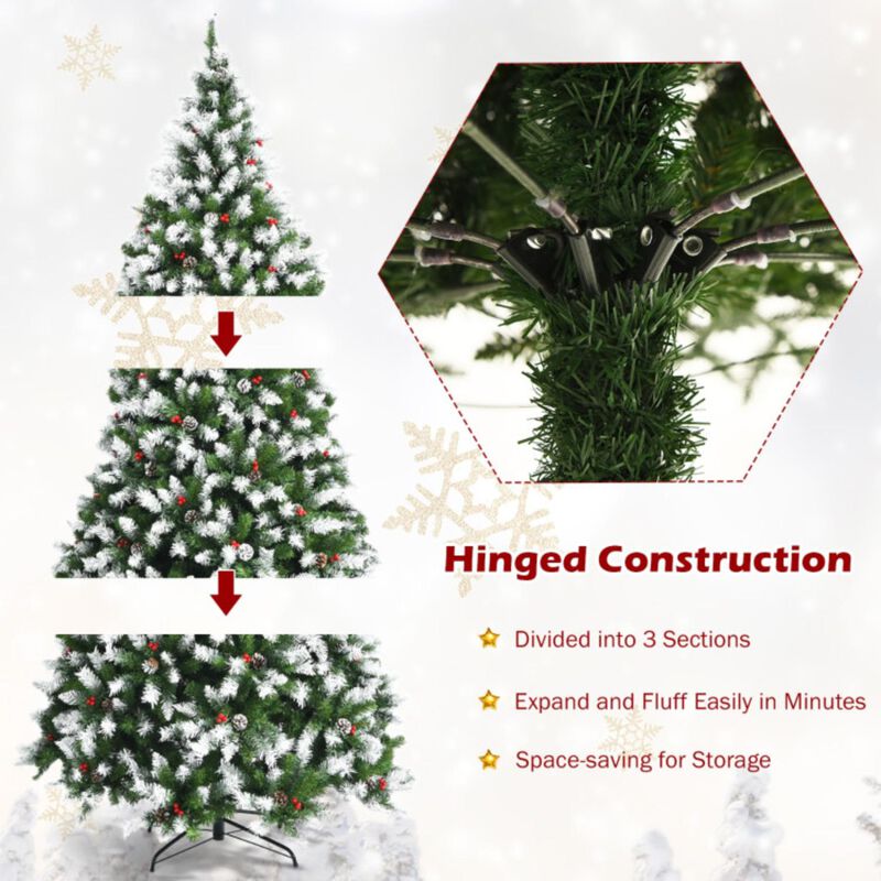 Hivvago Pre-lit Snow Flocked Christmas Tree with Red Berries and LED Lights-6 ft
