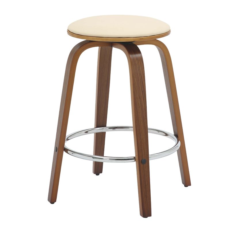 LeisureMod Counter Stool Upholstered in Leather with Stained Poplar Wood Frame & Chrome Iron Footrest with 360-Degree Swivel for Modern Home, Kitchen, Bars, Cafes Pelya Collection