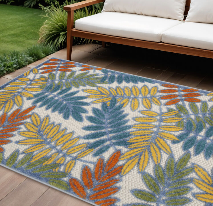 HomeRoots 10' X 14' Ivory Blue Orange And Green Palm Leaf Indoor Outdoor Area Rug