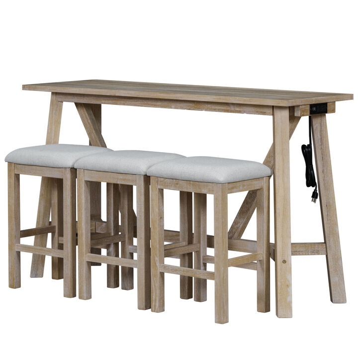 Multipurpose Home Kitchen Dining Bar Table Set with 3 Upholstered Stools(Natural Wood Wash)