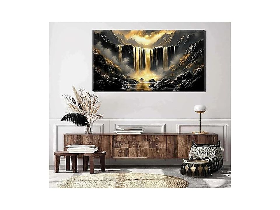 Black Gold Waterfall Canvas Wall Art Abstract Decor Mountain Posters Office Room