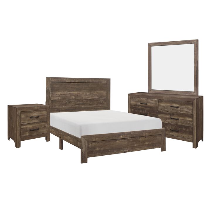 Ko Four Piece King Size Bedroom Set, Panel Detailings, Black Metal Handles, Rustic Brown - Benzara