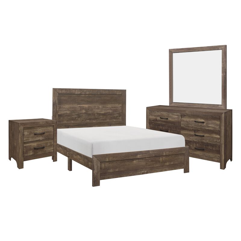 Ko Four Piece King Size Bedroom Set, Panel Detailings, Black Metal Handles, Rustic Brown - Benzara