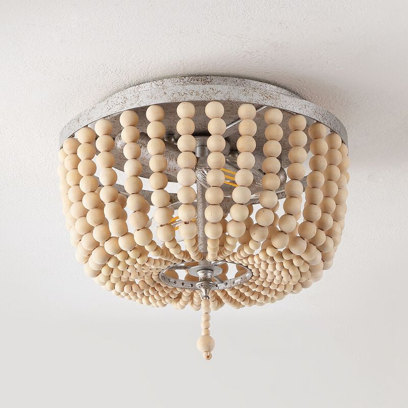Allison 2-Light Shabby Chic Farmhouse Wood Beaded/Metal LED Flush Mount