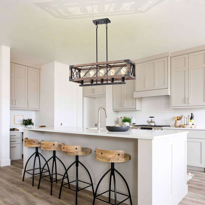 Adela Antique Black 5-light Rectangular Metal and Natural Wood Chandelier image number 2