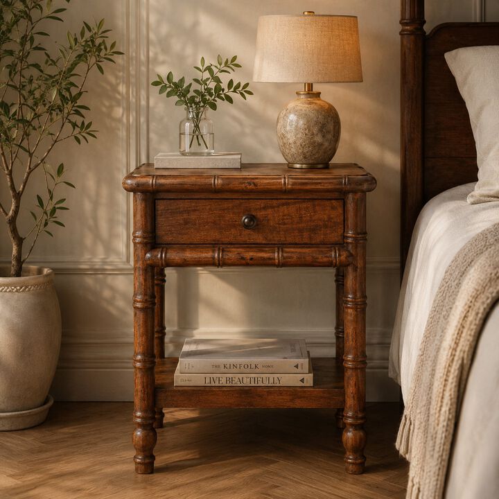Artisan Furniture Solid Wood Bamboo Heritage Bedside Table, Brown
