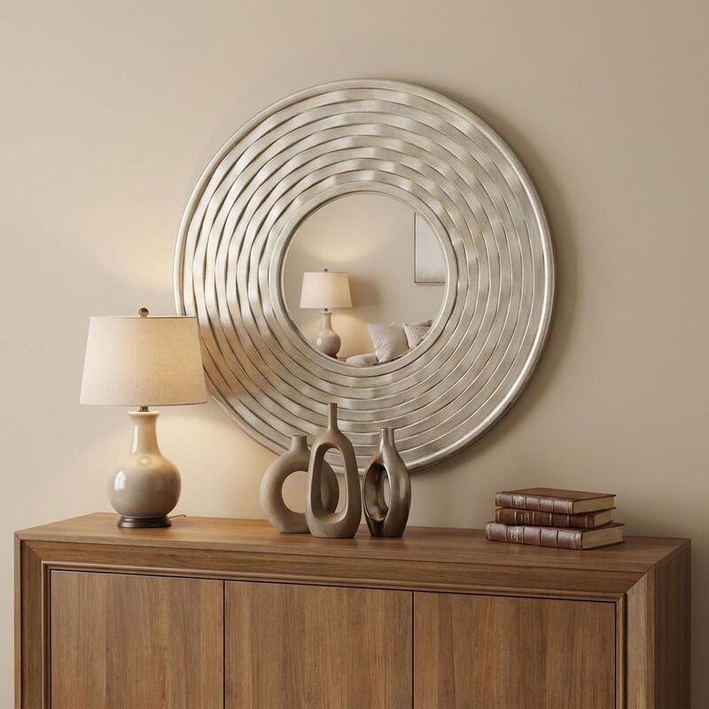 HomeRoots 31" Silver Round Dimensional Thick Frame Accent Mirror image number 1