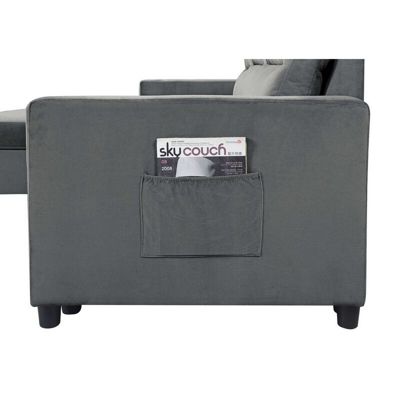 Ami 82 Inch Reversible Sleeper Sectional Sofa, Side Pocket, Gray Velvet-Benzara image number 3