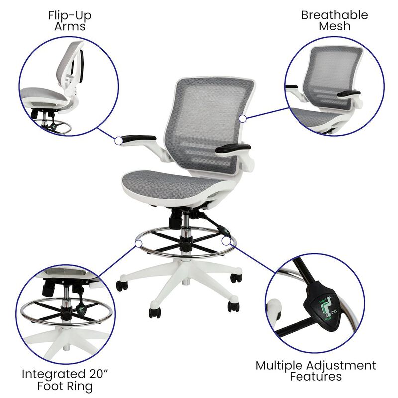 Flash Furniture Mid-Back Transparent Gray Mesh Drafting Chair with White Frame and Flip-Up Arms image number 2
