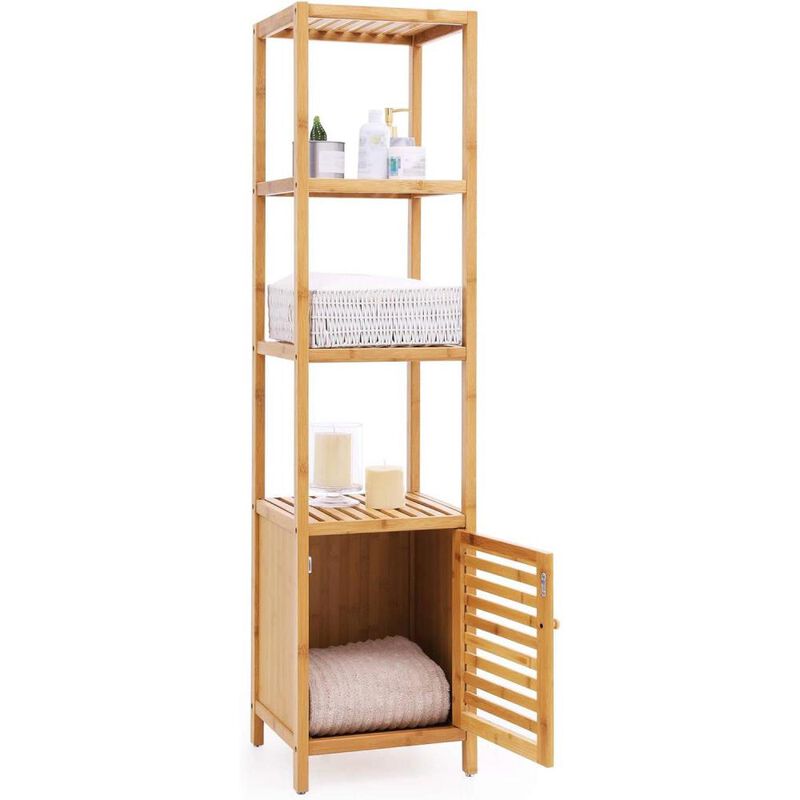 Hivvago Slim 3-Shelf Bamboo Wood Bookcase Shelving Unit with Bottom Storage Cabinet