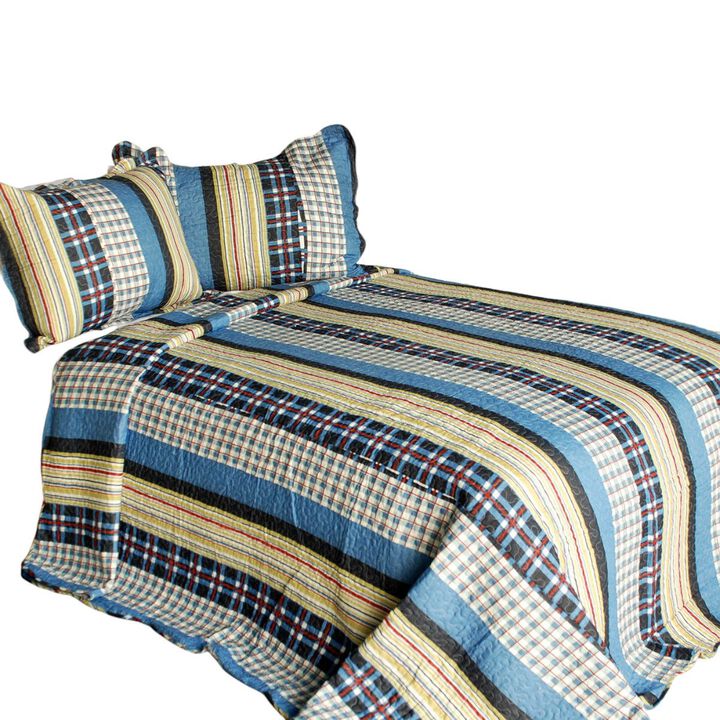 3-Piece Cotton Vermicelli Quilted Striped Printed Quilt Set with Matching Shams