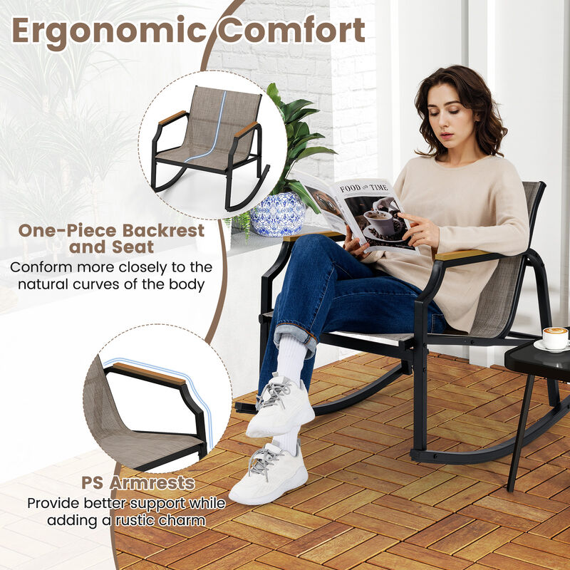 Outdoor Rocking Bistro Set with Armrests and Glass Table &ndash; 3 Piece Porch Furniture