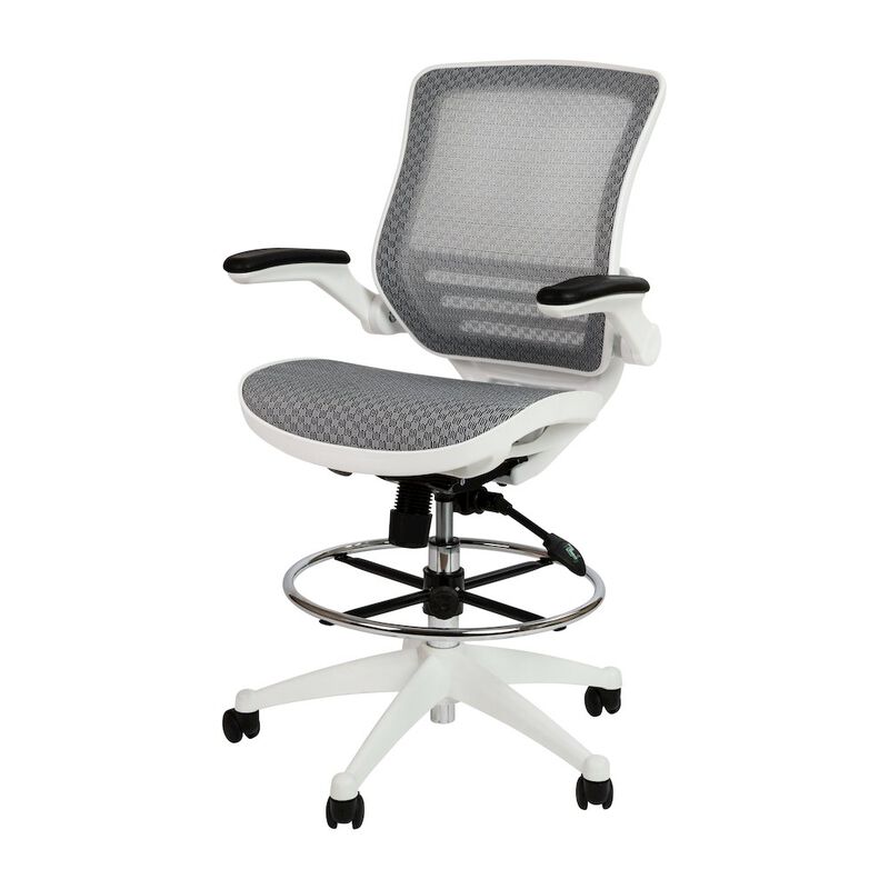 Flash Furniture Mid-Back Transparent Gray Mesh Drafting Chair with White Frame and Flip-Up Arms image number 0