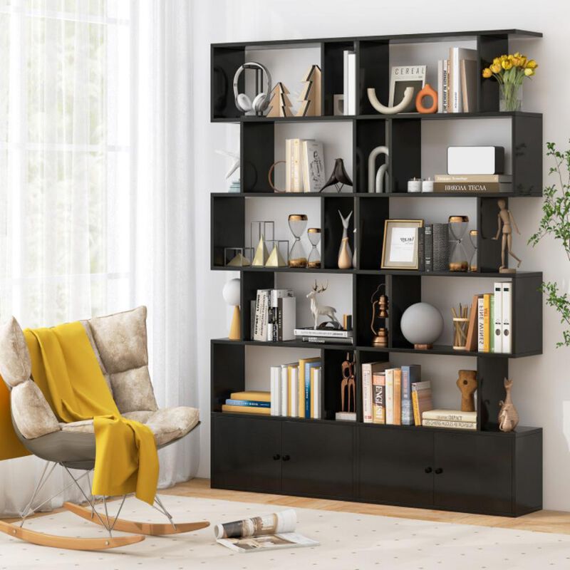 Hivvago 6-Tier S-Shaped Freestanding Bookshelf with Cabinet and Door