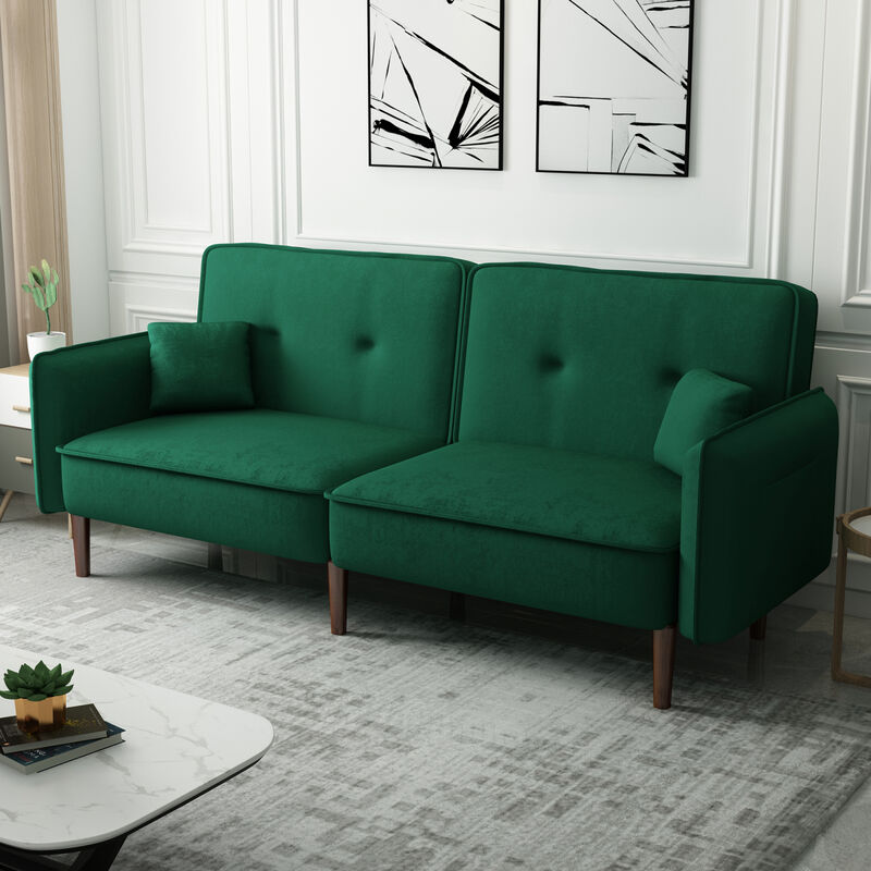 Convertible Sofa Bed with Wood Legs in Velvet(Green)