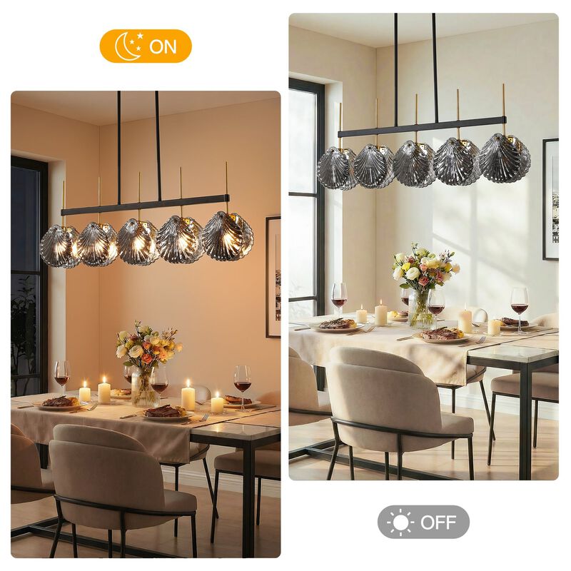 Five-Light Linear Chandelier, Smoky Gray Shell Glass, Black and Gold image number 6