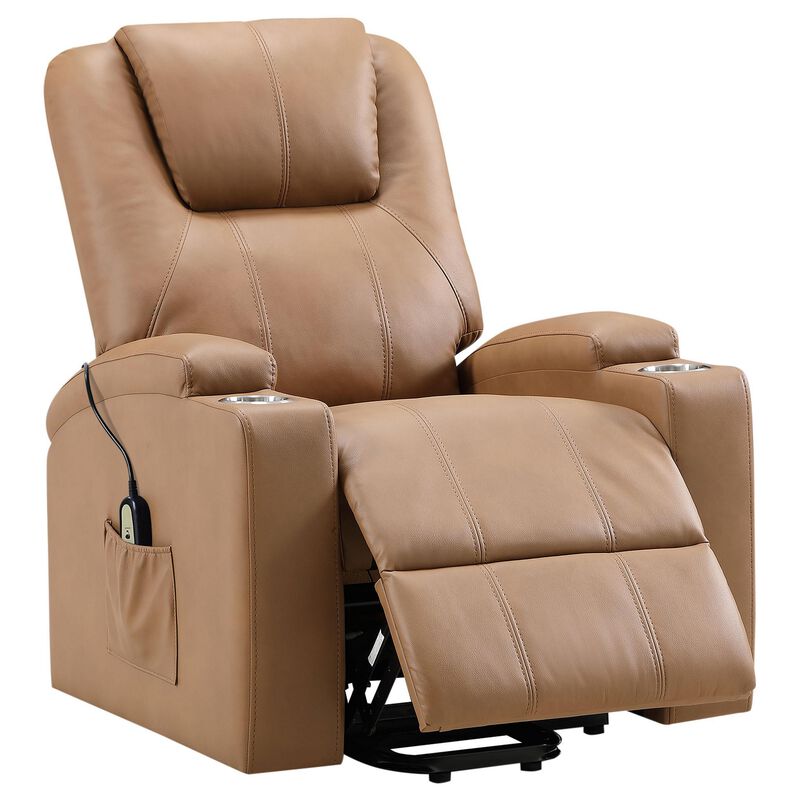 Stoy Power Lift Recliner Chair, Massage, 36 Inch Brown Faux Leather - Benzara