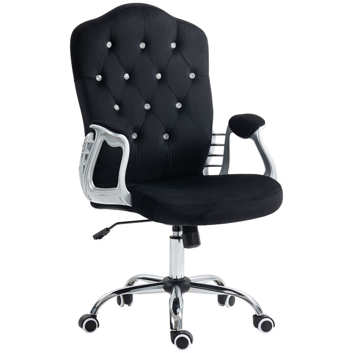 Vinsetto Home Office Chair, Velvet Computer Chair, Button Tufted Desk Chair with Swivel Wheels, Adjustable Height, and Tilt Function, Black