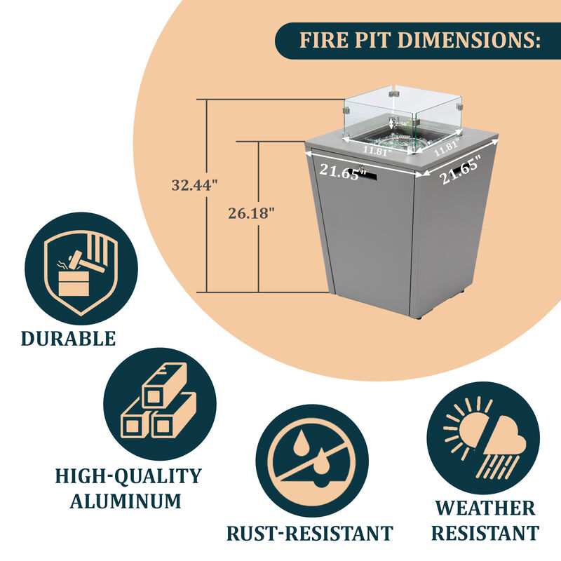 LeisureMod Marlin Modern Black Aluminum Outdoor Patio Chaise Lounge Chair in Grey Frame with Square Fire Pit Side Table