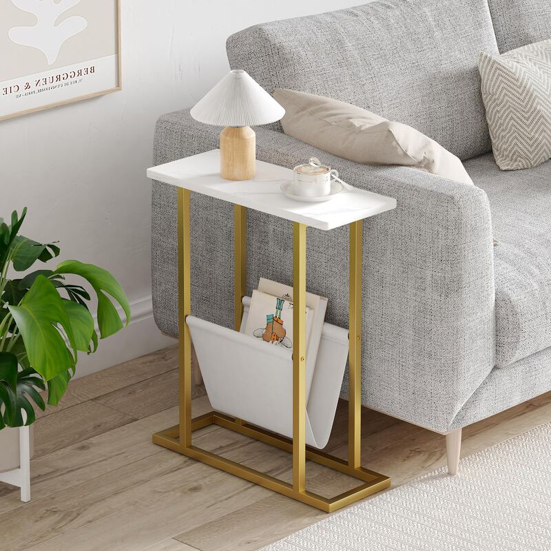 Yusong Small Narrow Side Table for Small Spaces, 17.7"" W Slim End Table Magazine Table Nighstand with Storage Holder, Accent Sk
