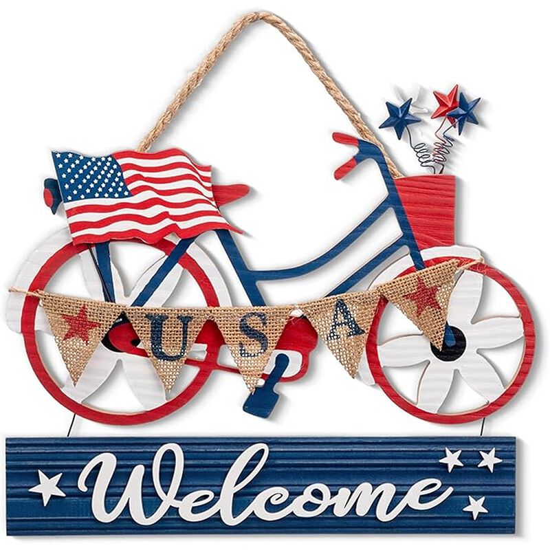 Americana Bike Wooden Patriotic Wreath Red White Blue Indoor Outdoor Decor image number 0