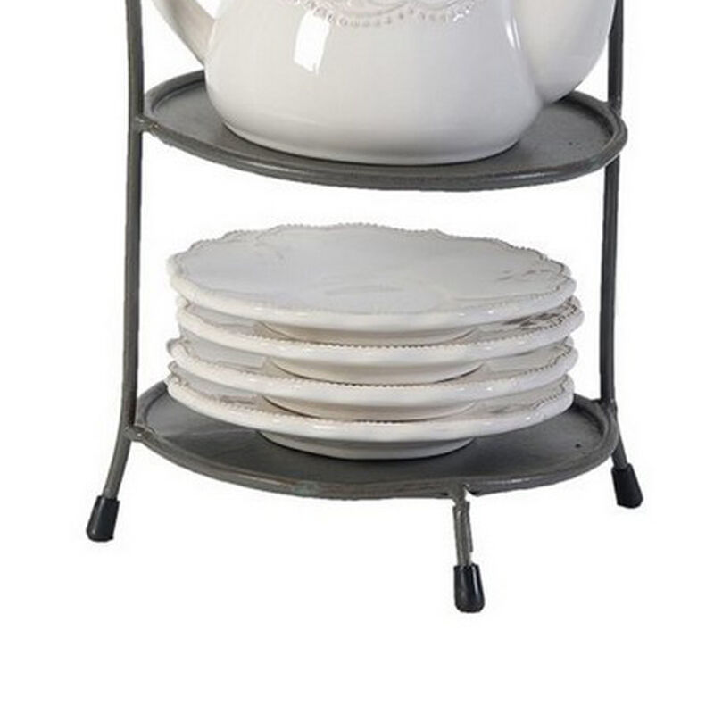 Zoya 10 Piece Tea Kettle and Cups Set with Metal Stand, White Porcelain - Benzara