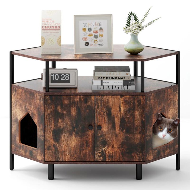 Hivvago Corner Cat Litter Box Enclosure with Open Shelf 2 Entrances and Metal Legs