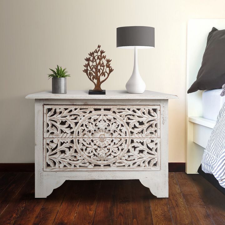 Olta 24 Inch Handcrafted Mango Wood Nightstand Side Table, 2 Drawers, Floral Carved Cut Out Design, Antique White-Benzara