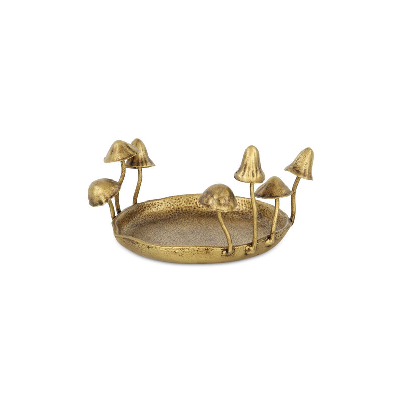 HomeRoots 6" Antiqued Gold Cast Iron Mushrooms Trinket Tray image number 2