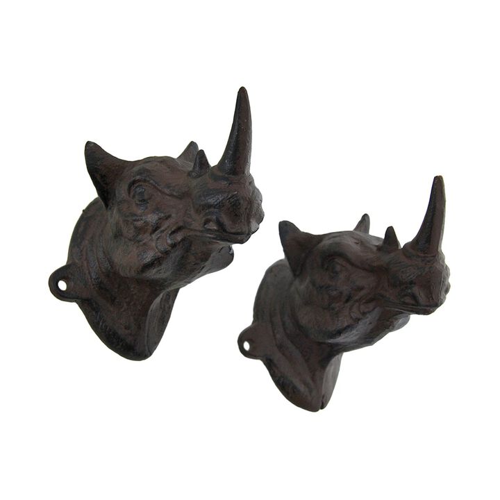Set Of 2 Rustic Cast Iron Rhinoceros Head Wall Hooks