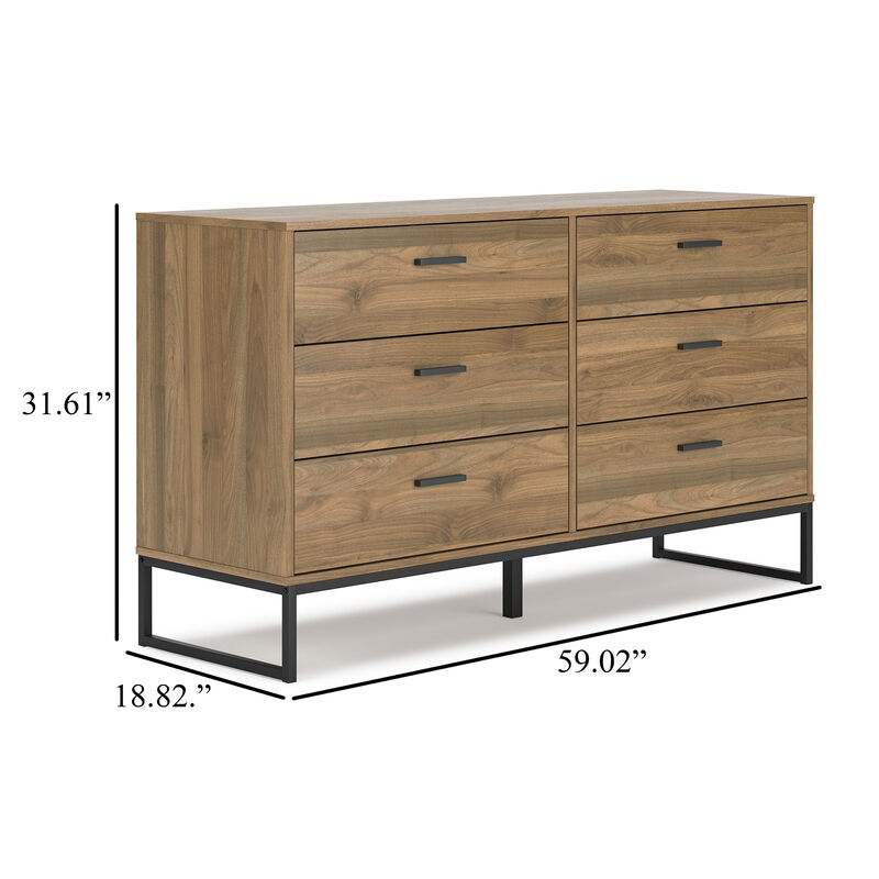 Deana Wide Dresser, 6 Drawers, Brown Wood, Black Metal Base, 59 Inch - Benzara