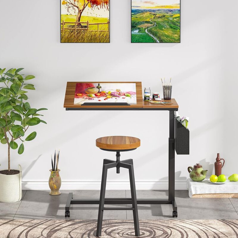 Tribesigns Height Adjustable C-Shaped End Table with Wheels, Walnut Brown Mobile Sofa Side Table with Tiltable Top and Magazine Holder, Rolling Snack Table for Living Room, Bedroom, and Home Office image number 5