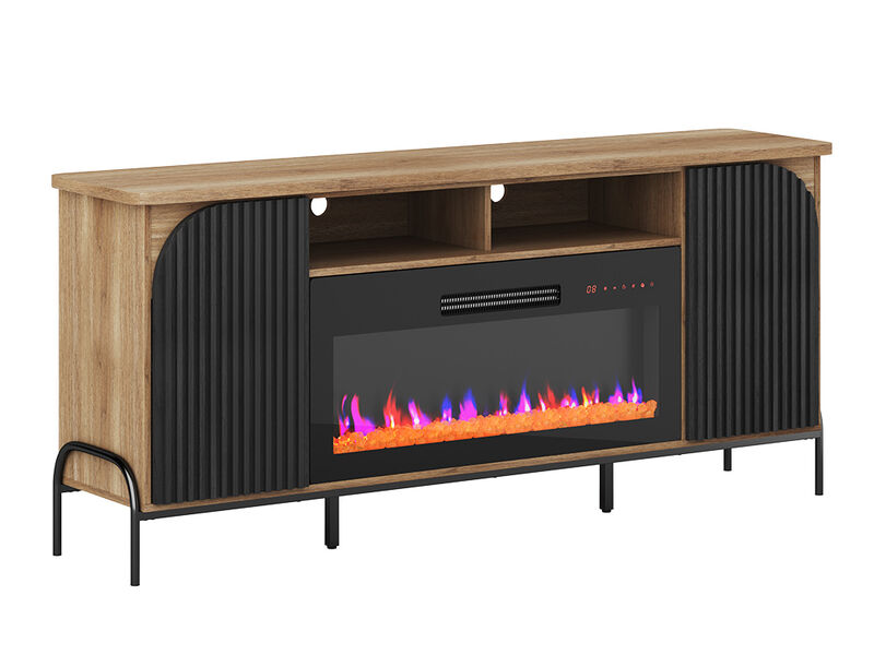 BELLEZE 68 Inch Fluted TV Stands with 36" Electric Fireplace, Modern Fluted Entertainment Center with Open Storage Shelves& Cabinets, Media Console TV Cabinet For Living Room Bedroom (Camel)