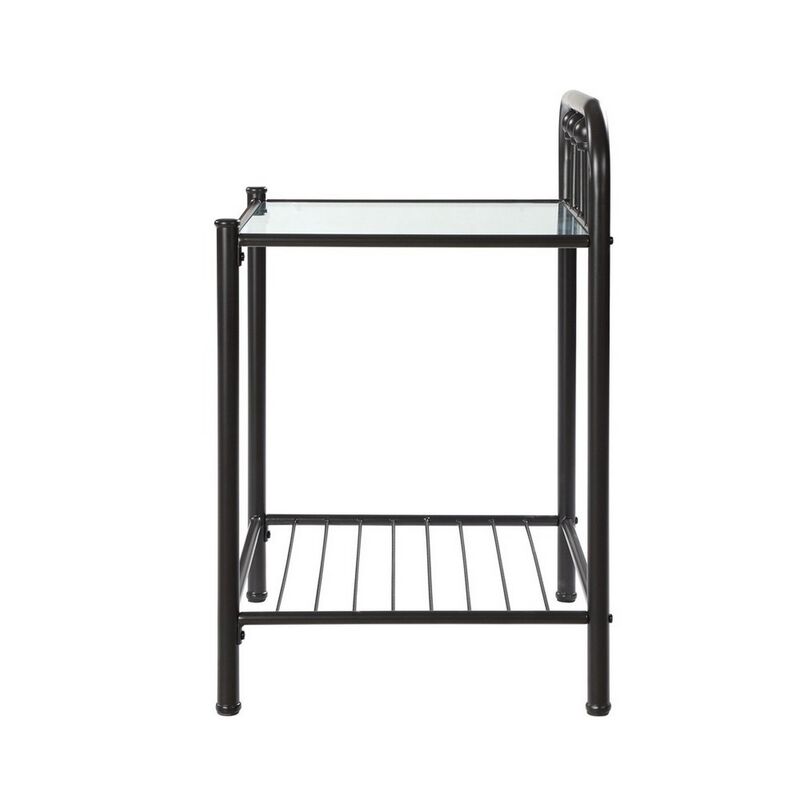 Metal Nightstand with Glass Top and Slated Open Bottom Shelf, Black-Benzara