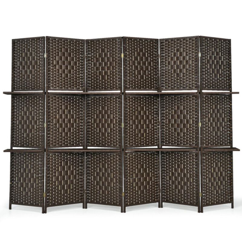 Hivvago 6 Panel Folding Weave Fiber Room Divider with 2 Display Shelves