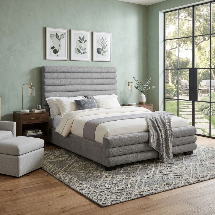 Ricia Queen Bed Frame, Black Block Feet, Gray Channel Tufted Boucle