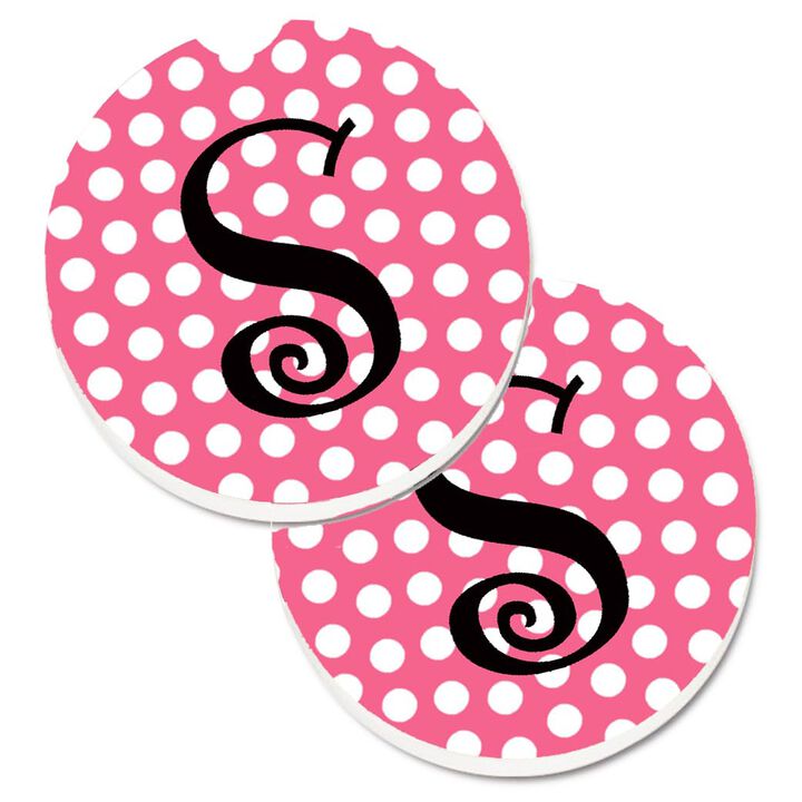 Caroline's Treasures Letter S Monogram - Pink black Polka Dots Set of 2 Cup Holder Car Coasters CJ1001-SCARC, 2.56, Multicolor