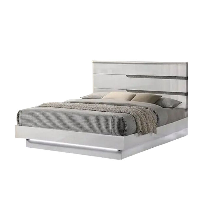Peis Queen Size Bed, LED, Crystal Accents, Modern Design, Glossy White - Benzara
