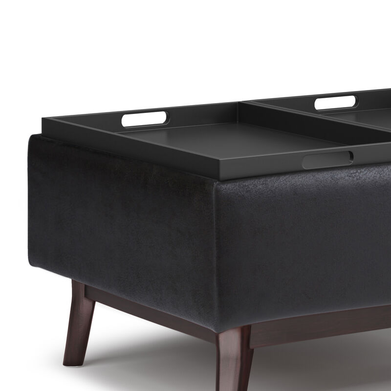 Owen Tray Top Small Coffee Table Storage Ottoman in Distressed Black Faux Leather