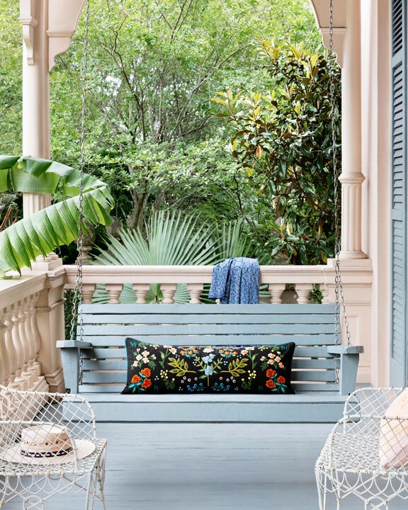 P6028 Black/Multi 13"x35" Polyester Pillow by Rifle Paper Co. × Loloi