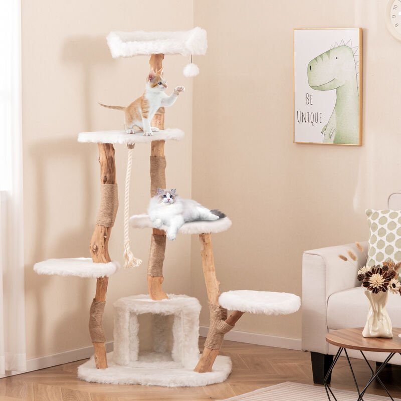 66-Inch Tall Solid Wood Cat Tree, Modern Wooden Cat Tower with Perch for Cats