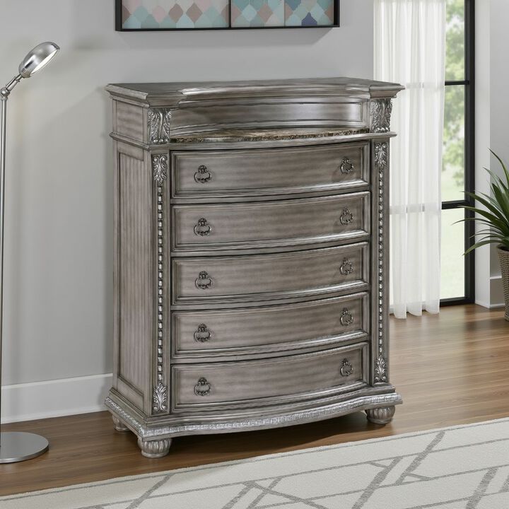 Toga Tall Dresser Chest, 5 Drawers, Gray Acacia Wood, Carved Details