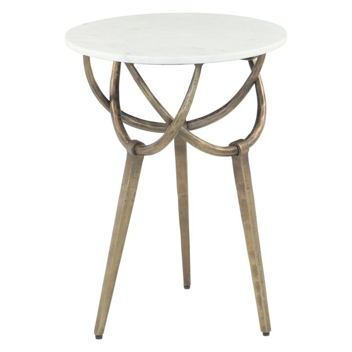 World Interiors Odessa 16" Side Table with White Marble and Antique Brass Base, Set of 2