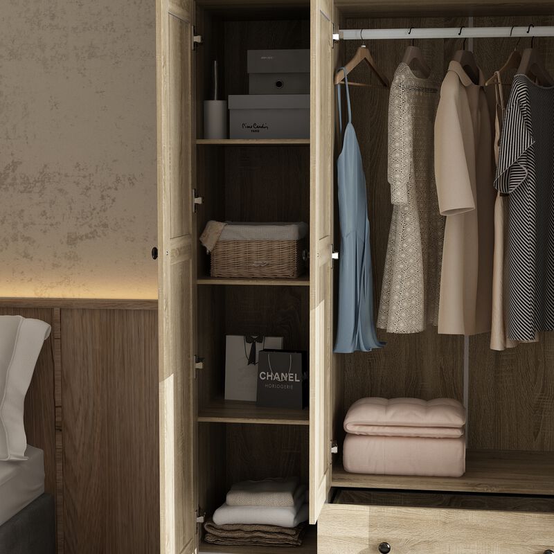 FUFU&GAGA Wood Grain Rattan Doors Design Armoires Wardrobe with 4-Drawers, 2-Hanging Rods  (59.1" W x 19" D x 94.5" H),Light Brown