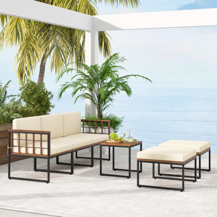 Hivvago 6 Pieces Acacia Wood Patio Furniture Set with Coffee Table and Ottomans