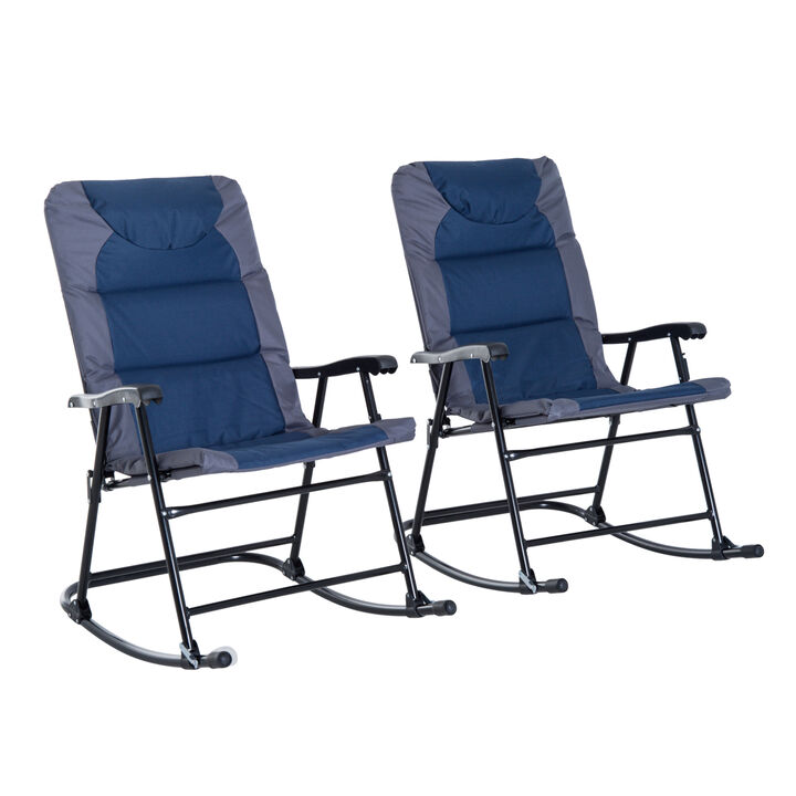 Outsunny 2 Piece Outdoor Patio Furniture Set with 2 Folding Padded Rocking Chairs, Bistro Style for Porch, Camping, Balcony, Navy Blue