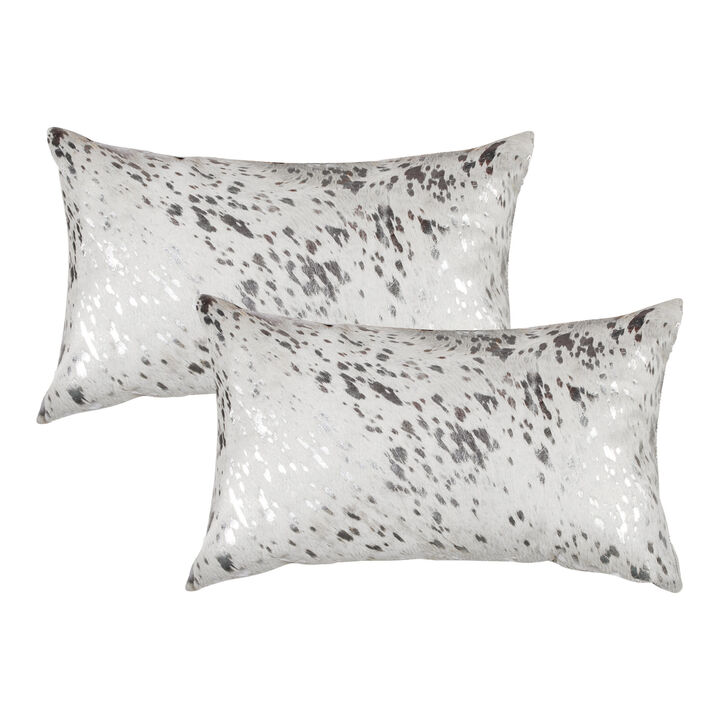 HomeRoots Set of Two 12" X 20" Gray and Silver Abstract Cowhide Lumbar Throw Pillows with Glitter
