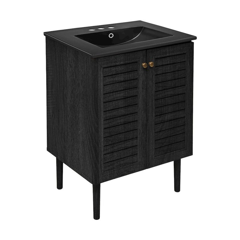 24" Freestanding Bathroom Vanity in Black Oak, Black 3-Hole Centerset Sink Top image number 1