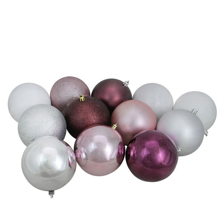 12ct Mulberry and Silver Shatterproof 3-Finish Christmas Ball Ornaments 4" (101mm)