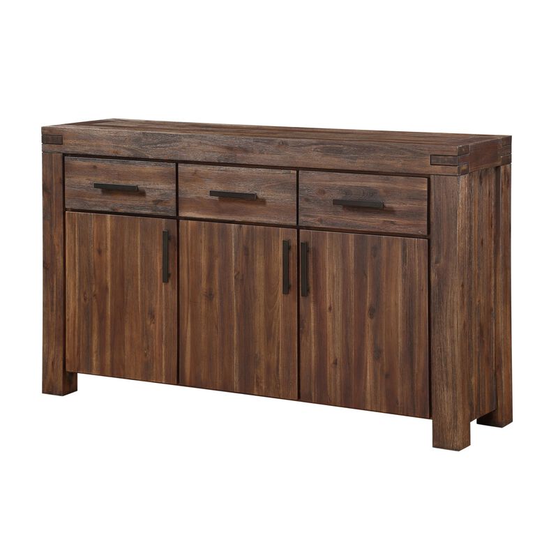 Three Drawers Solid Acacia Wood Sideboard with Three Door Cabinets, Brick Brown